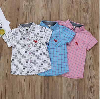Children Boy Cotton Short Sleeve Shirt Summer Plaid Cartoon Puppy Printed Tops Tees Shirts Casual Blouse