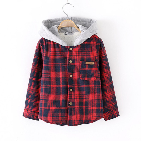 Autumn Winter Embroidery letters Plaid Hooded Warm Plush Boys Shirts High Quality Cotton Warm Baby Shirts