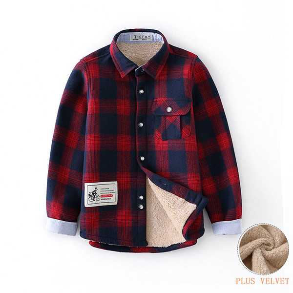 Original Autumn Winter Plaid Warm Plush Boys Shirts 3T-10T High Quality Cotton Warm Children's Shirts