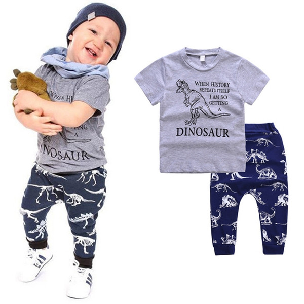 Baby Boy Shirts Dinosaur Printed Kids T Shirt Pants 2PCS Set Short Sleeve Baby Boy Outfits Summer Kids Clothing 10pcs DHW2254