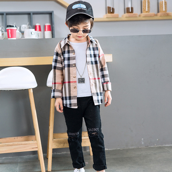 Korean version children's Shirt New Style boys'Plaid Shirt Long Sleeve boys' flower shirt children's jacket autumn