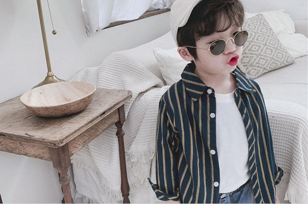 The HSENTING2019 spring new Korean version of the children's skin-friendly comfort contrast color striped long-sleeve lapel boy shirt trend