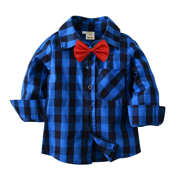 plaid shirt 2018 Hot selling new autumn style English wind blue plaid shirt high quality cotton Handsome bowtie shirt 2 colors free shipping