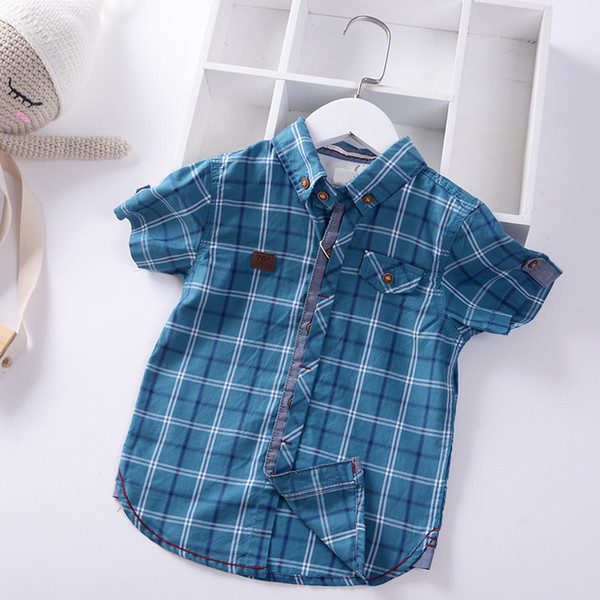 2019 summer Enfant Turn down collar Boys lattice Shirts Cotton Children Clothes Short Sleeve plaid Kids Blouses Boy Lapel Shirt
