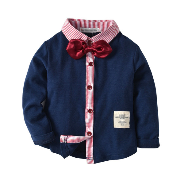 boys shirt 2018 Hot selling new autumn style English wind pure color striped collar shirt high quality cotton Handsome bowtie shirt 2 colors