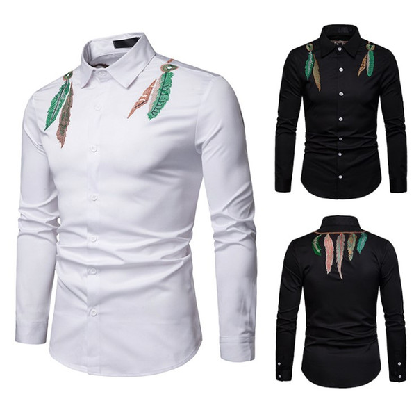 2019 spring and autumn new European men's Natural Color lapel embroidery Slim fashion casual long-sleeved men shirt online free shipping