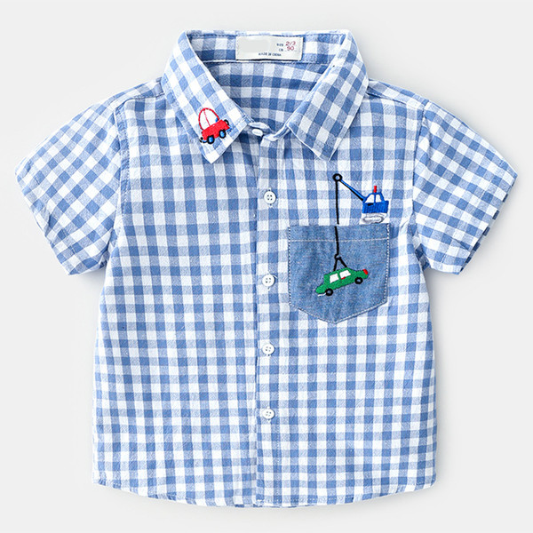2019 Summer New Enfant Boys Plaid Shirts Cotton Children Clothes Short Sleeve Fashion Kids Boy Lapel Cartoon car Cardiga Shirt