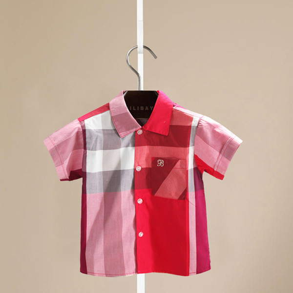 Foreign trade children's clothing summer new boy fashion plaid shirt small children's baby short-sleeved lapel cotton shirt