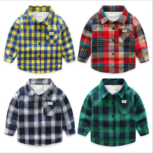Baby Kids Clothes Boys Plaid Shirts Child Grid Fleece T Shirt Fashion Casual Blouses Check Cotton Lapel Tops Designer Long Sleeve Tees B5077