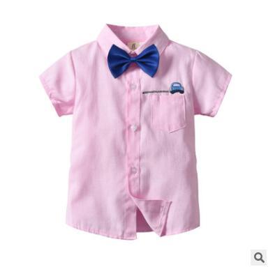 Boys Shirt and Tie 2019 Summer Short Sleeve Embroidery Cartoon Car Shirt with Bowtie Cotton Infant Toddler Boys Kids Clothing 2-7Y