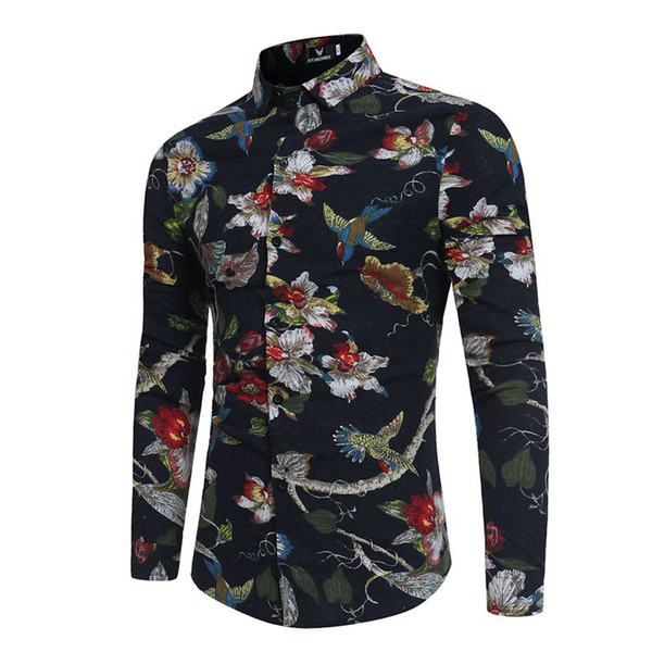2019 spring and summer new men's long-sleeved casual printed shirt flower lining youth Slim printed shirt male men clothing