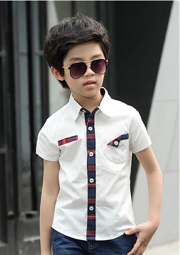 Fashion style Children's wear children's short sleeve contrast placket shirt and good finish hem of clothing summer W17JS173