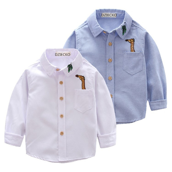 100% Cotton Kids Children Shirts Kids Shirts Boys Shirts 2017 Spring Autumn Embroidery Giraffe Blue Kids Blouse Boys Clothes