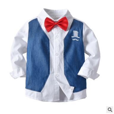 Boys Denim Shirt and Tie 2019 Spring Gentleman Long Sleeve Fake Denim Vest Shirt with Bowtie Cotton Infant Toddler Boys Kids Clothing