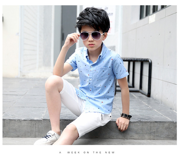 Fashion style Children's wear children's short sleeve placket shirt and with print and good finish hem of clothing summer W17JS166