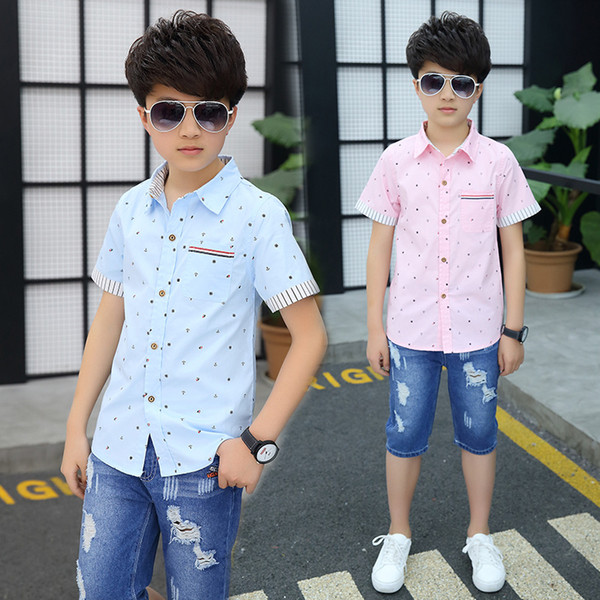 Summer Boys Clothing Blouses Short Turned-Down Collar Shirts For Boys Cotton Children Clothes Kids School