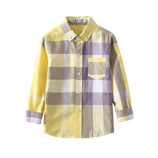 Cotton Long Sleeve Turn-down Collar Yellow Plaid Children 3-10 Years Old Kids Boys Shirts