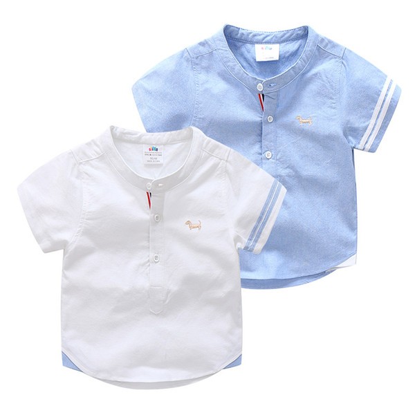 Kids Birthday Gift Clothes Summer Fashion Cotton White Blue Color Cartoon Dog Print Short Sleeve Mandarin Collar Boys Shirt
