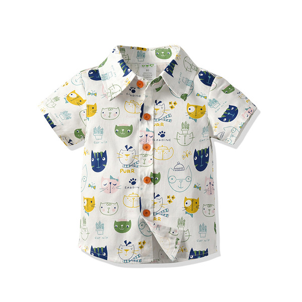 Summer Baby Boys Blouse Shirts Beach Casual Short Sleeve Cat Printed Cotton Toddler Tops Cardigan Kids Clothes