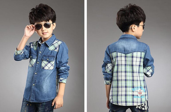 Fashion style Children's wear children's short long sleeve denim fabric and contrast shirt and good finish hem of clothing summer W17JS186