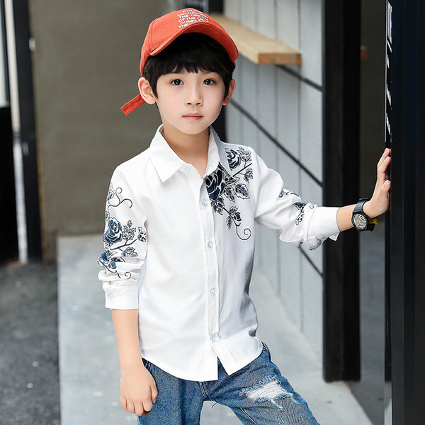 Fashion Boys Shirts Long Sleeved Flower Print Tops for Teenage School Boy Cotton Kids White Shirt Autumn Floral Shirts
