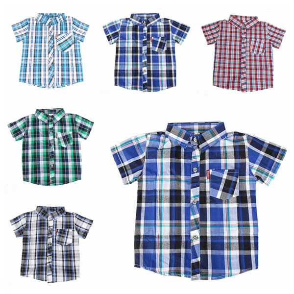 Plaid Kids Shirts Cotton Boys Shirt with Pocket Shorts Sleeve Check Tops Fashion Children Clothes Summer Kids Clothing 5 Designs YW2998