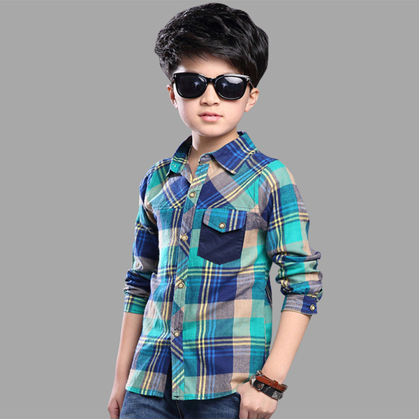 Autumn Boys Blouse Plaid Long Turn-down Collar Children's Blouse Teenage Spring Children's Clothing For Boys 4 6 8 10 12 Years