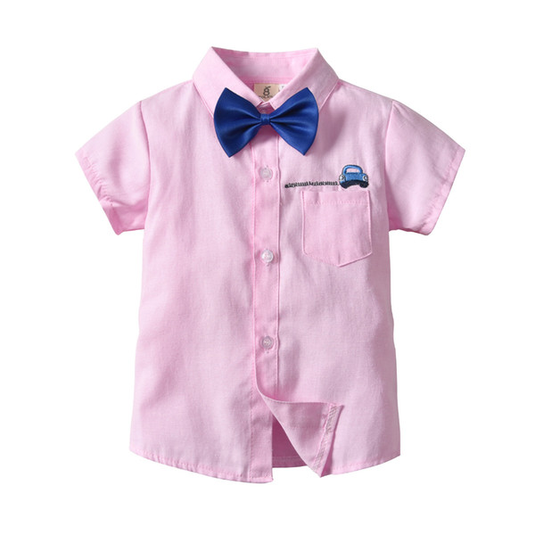 New children's shirts Children's Cardigan Europe and America Car Embroidered Cotton Boys Bow Tie Short Sleeve Shirt Two-piece