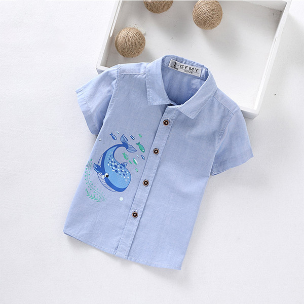 Blue White Short Sleeve Summer Cotton White Blouse for Boys Kids Cartoon Children Clothing