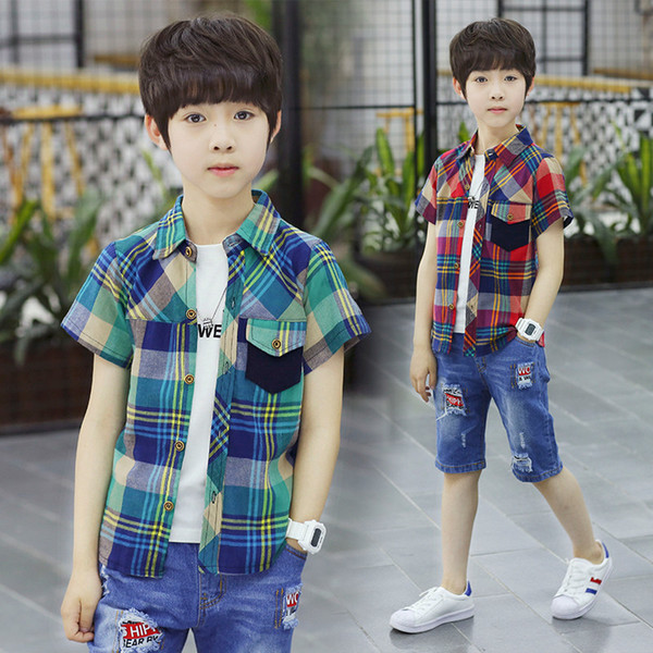 Fashion Summer Boys Plaid Shirts Children Short Sleeve Turn-down Collar Comfortable Kids Cotton Clothing