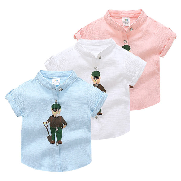 Summer Casual Mandarin Collar Child Baby Cotton White Blue Pink Short-Sleeve Grandfather Grandpa Print Linen Kids Boy Shirt