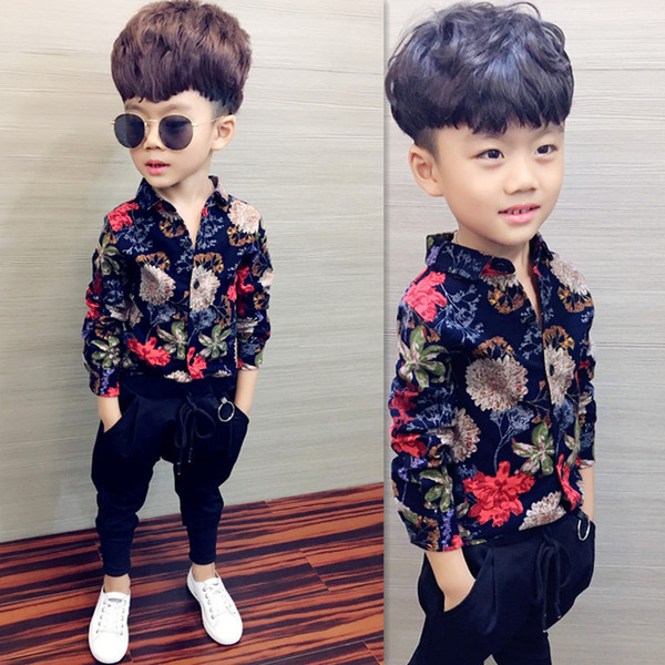 Boys shirt children's clothing new 2019 spring and autumn long-sleeved shirt cotton lattice sanded shirt printed baby clothes