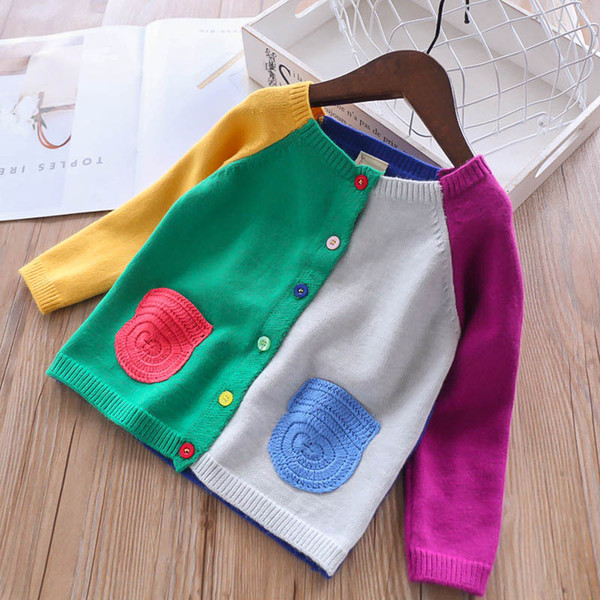Girls Cute Cardigan Spring Baby Girls Sweater Patchwork Mix Color Pockets Kids Knitted Cardigan Sweater Children Knitted