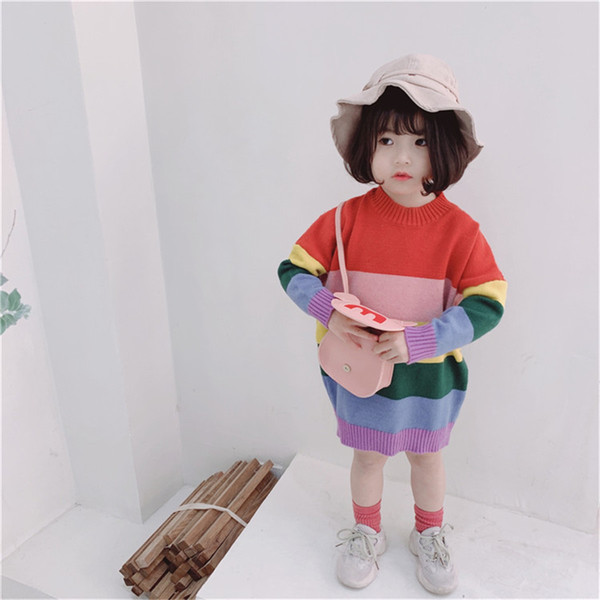 Fashion Rainbow Stripe Sweater for Girl 2019 Spring Fall Winter Child Boy Contrast Color Sweaters Baby Long Knit Pullover Tops