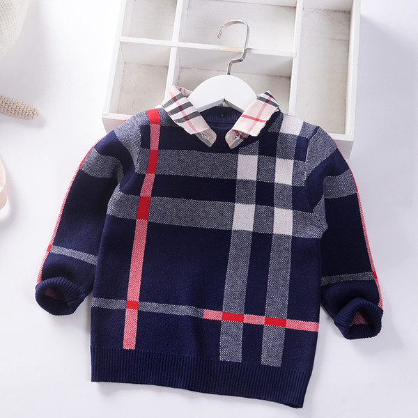 2019 Autumn Winter New Shirt collar Boys Sweaters Jumper Baby stripe Plaid Pullover Knit Kids Clothes Children Sweater Boy Clothing 2-8y