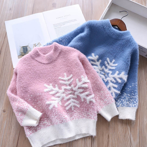 Lovely Girls Kids Snowflake Print Pink Blue Color Sweater Tops Autumn Casual Fashion Christmas Knitted Clothing