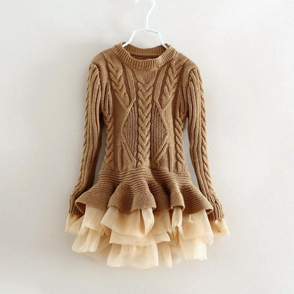 Autumn and Winter Kids Sweater Dress Children Knit Dress Girls Organza Patchwork European and American