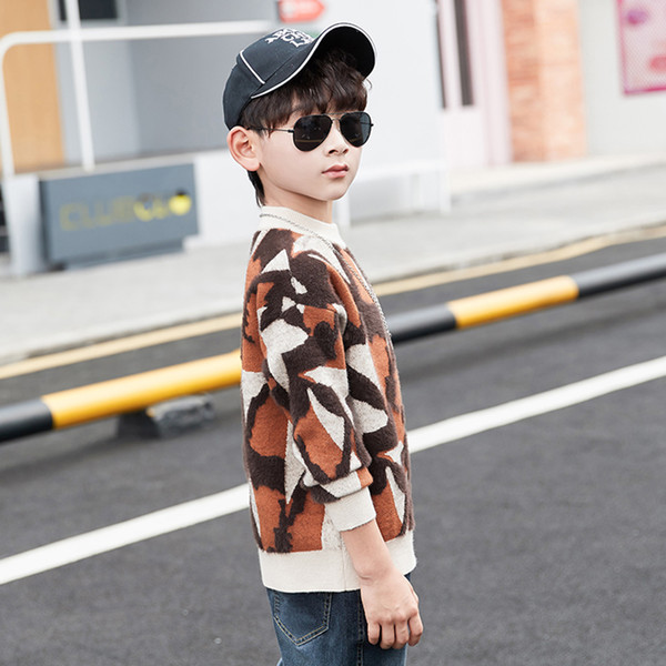 Boys Sweater Camouflage Velvet Sweaters For Boys Fashion Patchwork Kids Pullover Fall Preppy Boys Winter Clothes