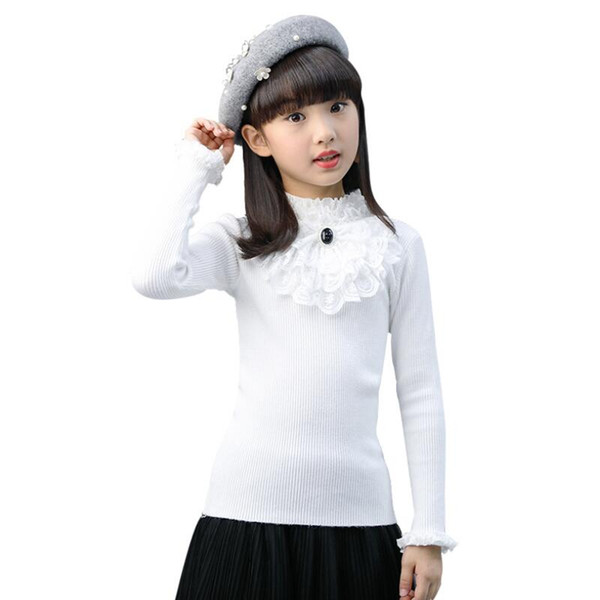 2019 Spring Fall Winter Toddler Teenage Clothes School Girls Pullover Sweaters Lace Long Sleeve Kids Knit Sweaters Tops JW4465A