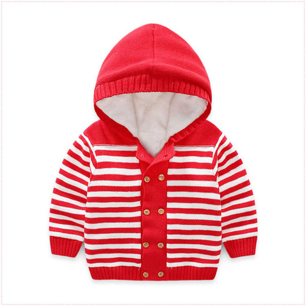 autumn Winter kids clothes baby girls / boys hooded knitted sweater jackets children plus velvet knitwear cardigan coat