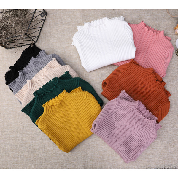 Spring Autumn Baby Girl Bottom Shirt Korean Pure Colour Turtleneck Knitted Pullover Sweaters Ruffled Lotus Leaf Sweater Top