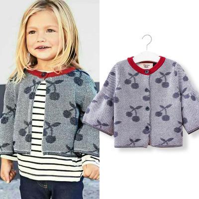 Oklady 2017 New Autumn Girl Cherry Flare Sleeve Knitted Children Cardigan Fashion Kids Sweater