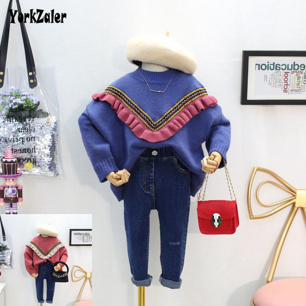 Yorkzaler Kids Sweater For Girl V-neck Long Sleeve Knitting Blue Red Blouses Loose Casual Toddler Baby Pullover Clothes 3Y-7Y