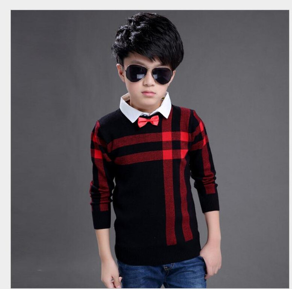 Boy's shirt and neck sweater with fleece thickening warm knit autumn and winter in a two - piece false head children's clothing