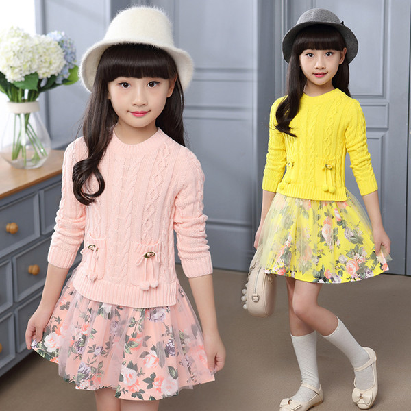 Knitted girls sweater dress kids clothes spring autumn 2018 new pockets mesh reinforced knit kids sweater girls dresses