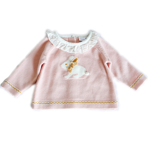 Little Girls T-shirt Adorable Bunny 3d Pattern Printed Ruffles Collar Tops&tee Baby Girls Autumn Knitted Shirts Kid Sweater