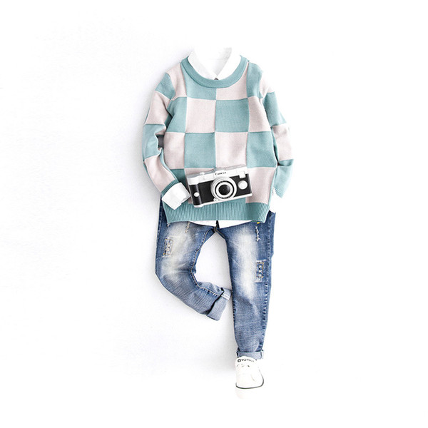Patchwork Pattern Casual Style Autumn Knitted Boys Sweaters for Hot Students Woolen Clothes Outerwear Knitwear Sweater round collar the big