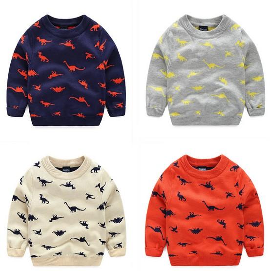 Lovely Cartoon Pullover for Kids Animal Dinosuar Jacquard Sweaters 4 Colors Selection Gray Beige Orange Dark Blue