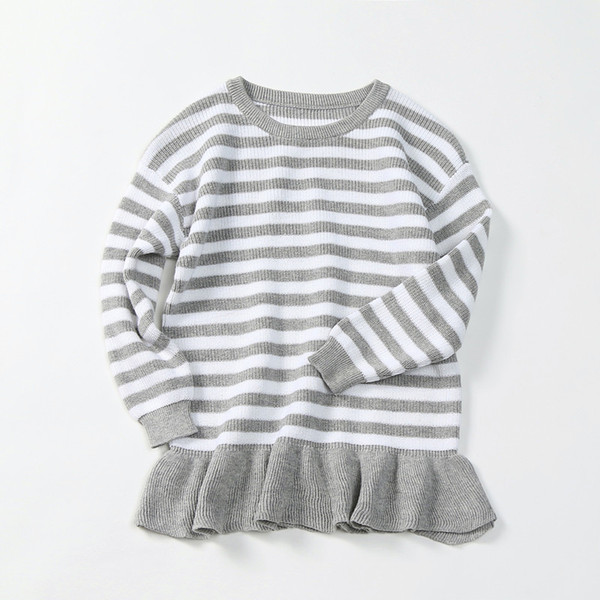 Simple fashion baby girls sweaters white gray striped kids clothing autumn girl knitted pullover sweater ruffles for children