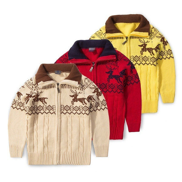 Autumn Winter Kids Sweater Deer Pattern Cotton Knit Cardigan Warm Turndown Collar Outerwear Boys Outfit Sweater For Boy 2019